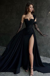 Hermoso vestido de fiesta largo negro de corte A con un hombro al descubierto y encaje sin mangas